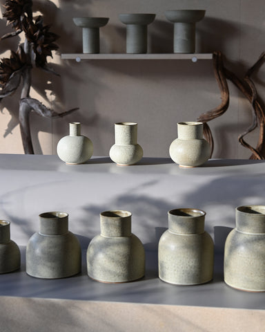 alissa coe studio mixed ceramic vases  jade glaze three tiers