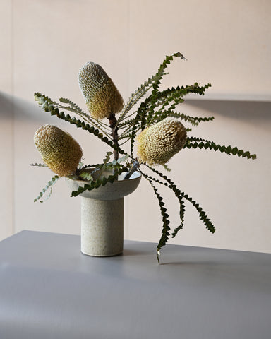 alissa coe studio pedestal ceramic vase 4 jade glaze fresh flowers banksia speciosa