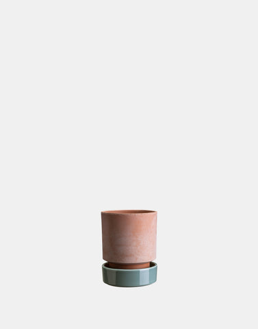 bergs potter hoff planter 12cm 4.25" rose terracotta with glazed blue saucer indoors