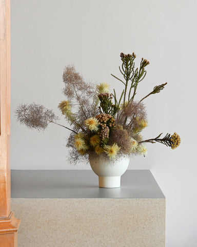ceramic bowl arrangement dried brunia laevis red smoke bush phillica pubescens ceramic vase white