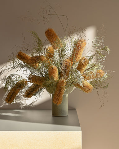 dried flowers banksia spinulosa bunch alissa coe studio ceramic vase jade arrangement