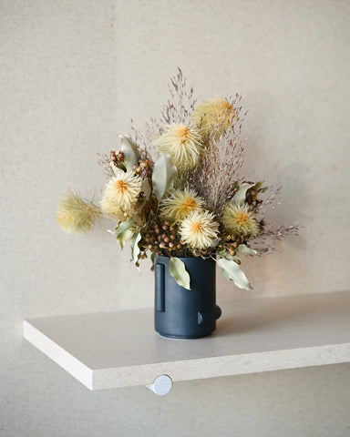 dried confetti cup arrangement charcoal featherheadeucalyptus grasses