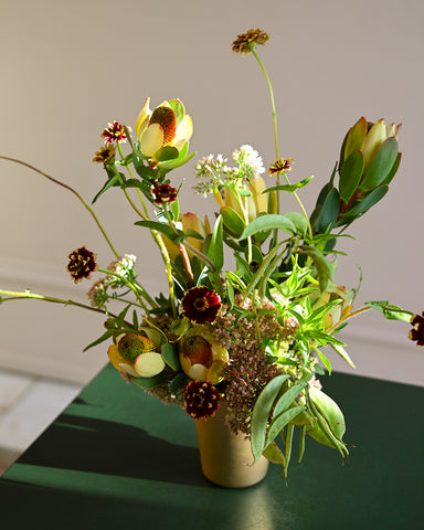 fresh flowers tumbler arrangement bronze utilitarian mexicano